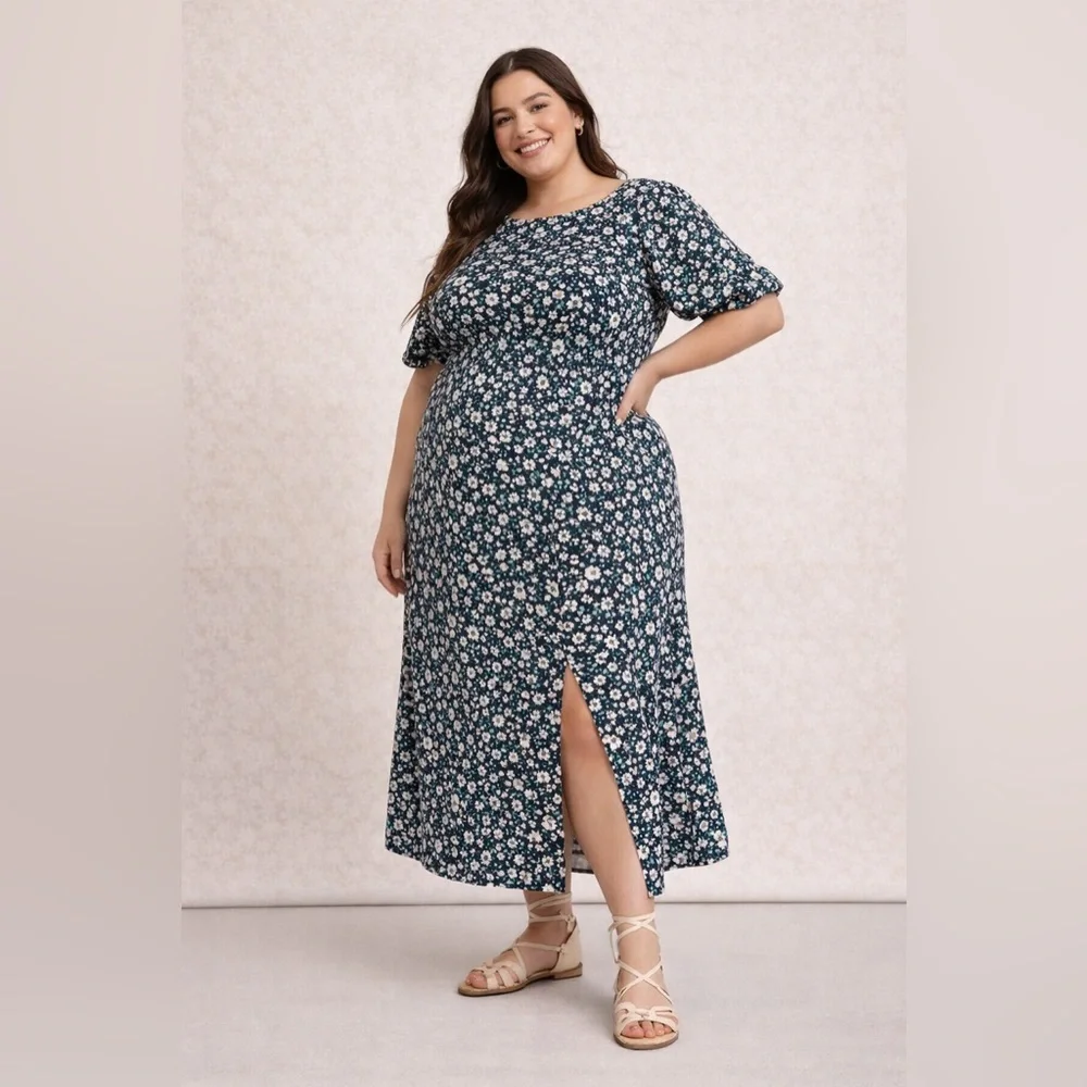 Old Navy Floral Puff Sleeve Midi Dress Open Back Navy Green Size 4X - Picture 2 of 16